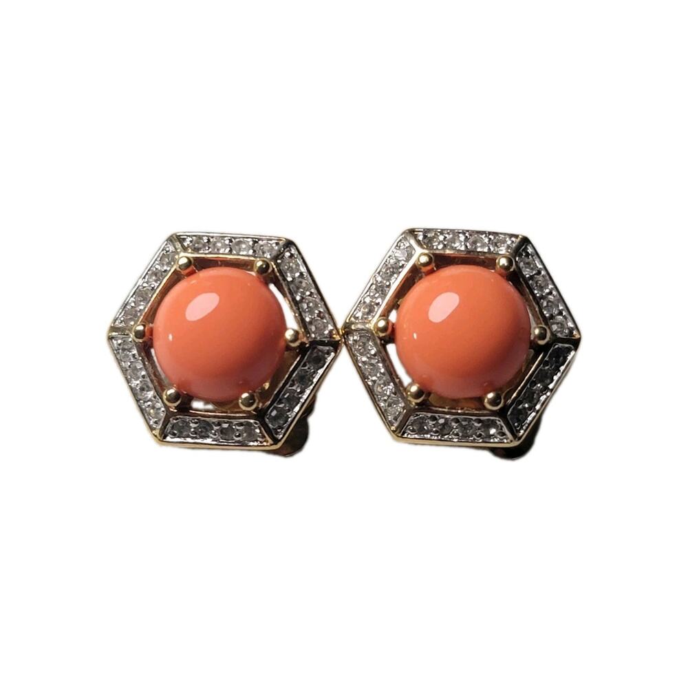 Panetta clip-on earrings faux coral glass cabochons pavé-set clear rhinestones
